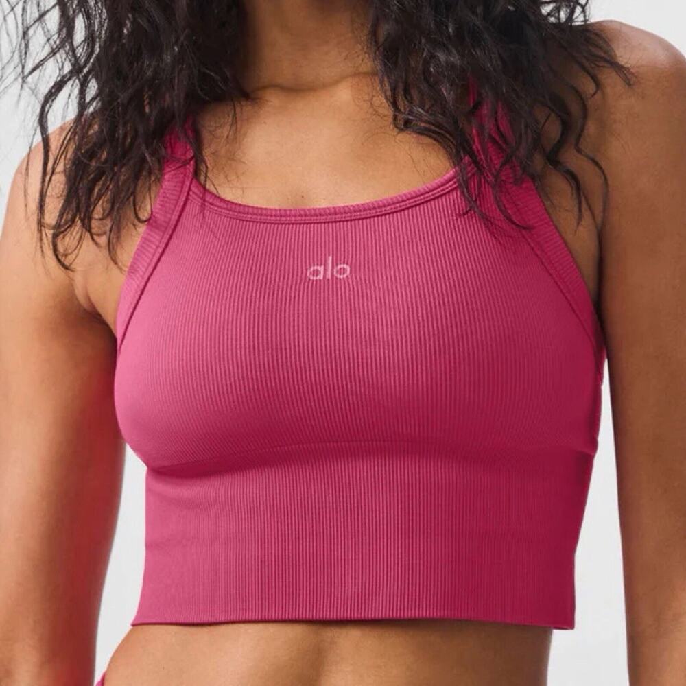 Alo Sports Bra Womens Small Pink Summer Ribbed Favorite Tank Yoga Seamless Gym - Picture 8 of 11